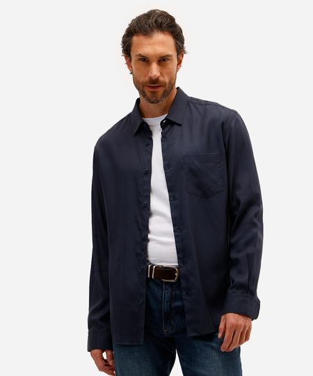 camisa masculina de liocel manga longa azul P