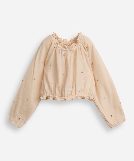 blusa infantil manga bufante com bordados bege 8