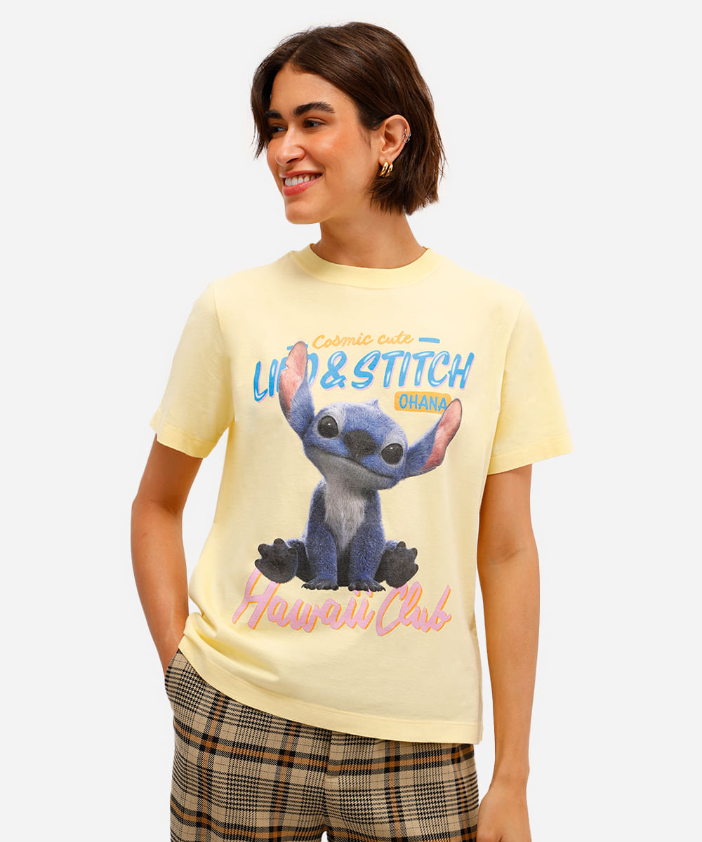 camiseta feminina de algodão manga curta stitch amarela