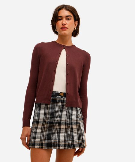 cardigan feminino de tricot decote redondo marrom G cardigan feminino de tricot decote redondo marrom G