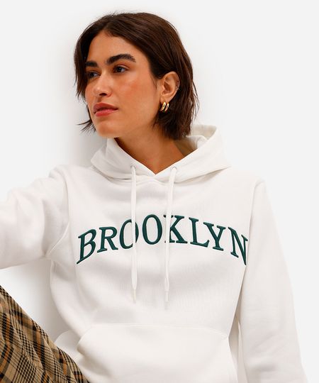 blusão feminino de moletom felpado com capuz brooklyn off white PP blusão feminino de moletom felpado com capuz brooklyn off white PP
