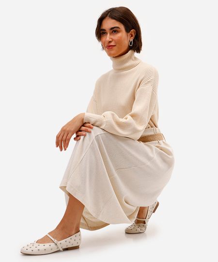 saia midi com linho cintura alta - natural 46 saia midi com linho cintura alta - natural 46