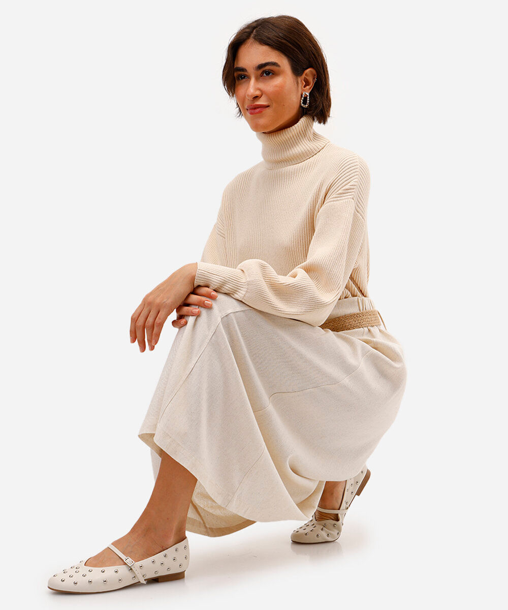 saia midi com linho cintura alta - natural