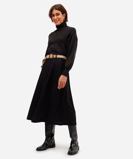 saia midi com linho cintura alta - preto 36 saia midi com linho cintura alta - preto 36