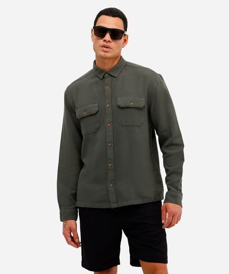 camisa masculina de algodão manga longa texturizada verde PP