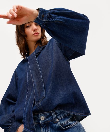 camisa feminina jeans gola laço antonio frajado azul P