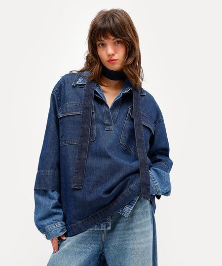 camisa feminina jeans com bolsos antonio frajado azul P