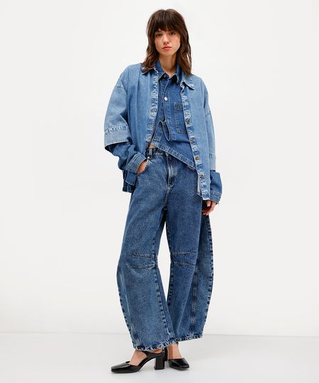 calça barrel feminina jeans com recorte e pregas antonio frajado azul 34 calça barrel feminina jeans com recorte e pregas antonio frajado azul 34