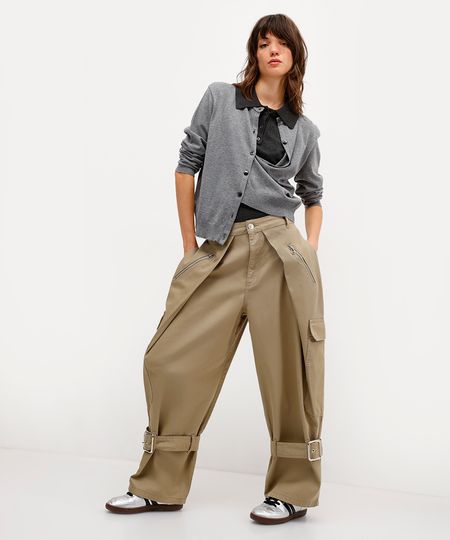 calça balloon feminina de sarja com fivelas rita lazzarotti bege 40