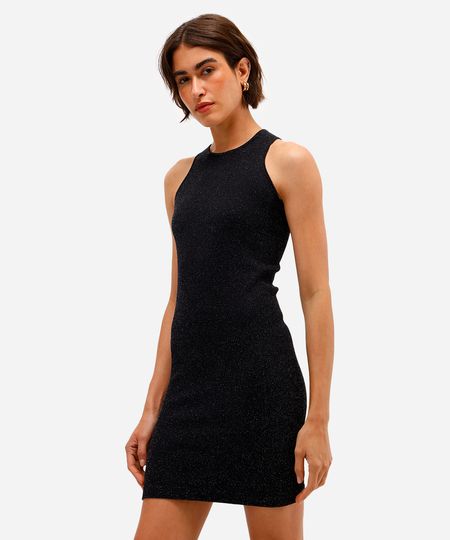 vestido básico feminino canelado com lurex preto PP vestido básico feminino canelado com lurex preto PP