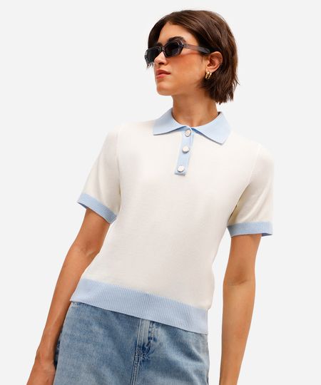 polo feminina de tricot manga curta bicolor off white M polo feminina de tricot manga curta bicolor off white M