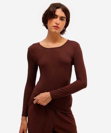 blusa básica de viscose manga longa cinza escuro - marrom PP blusa básica de viscose manga longa cinza escuro - marrom PP