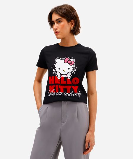 camiseta feminina de algodão hello kitty texturizada preta G