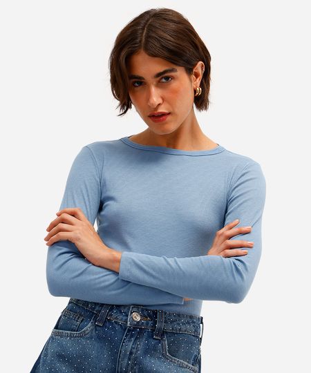 blusa básica feminina decote careca manga longa azul GG blusa básica feminina decote careca manga longa azul GG