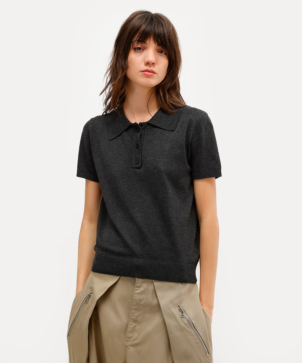 polo feminina de tricot manga curta cinza