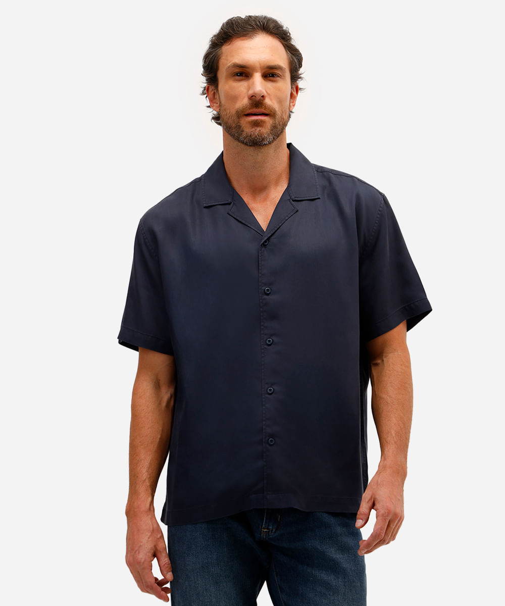 camisa masculina de liocel manga curta azul