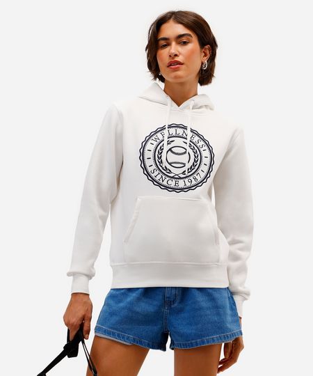 blusão feminino de moletom felpado com capuz wellness off white P blusão feminino de moletom felpado com capuz wellness off white P