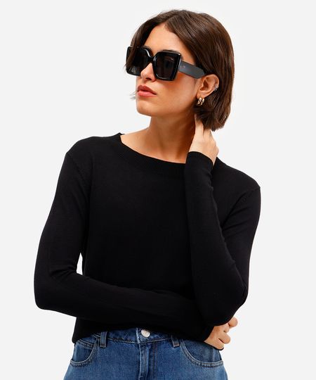 blusa básica feminina de tricot manga longa preta M