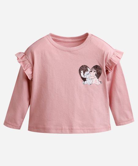 blusa infantil de algodão manga longa stitch rosa 3