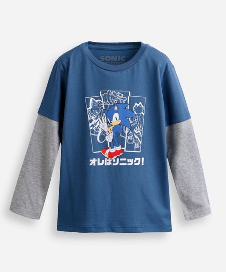 camiseta infantil de algodão manga sobreposta sonic azul 12 camiseta infantil de algodão manga sobreposta sonic azul 12