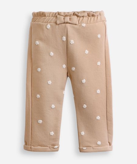 calça clochard infantil de moletom felpado floral bege 6-9 calça clochard infantil de moletom felpado floral bege 6-9
