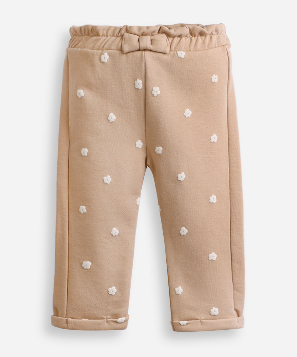 calça clochard infantil de moletom felpado floral bege