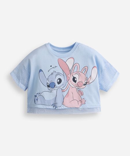 camiseta infantil de algodão manga curta stitch e angel azul 4