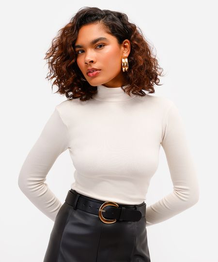 blusa feminina de algodão gola alta manga longa bege M