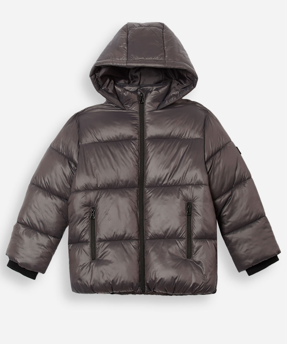 jaqueta puffer infantil com capuz cinza