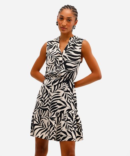 vestido curto feminino de viscose folhagens preto PP