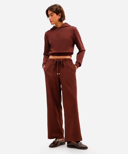 calça reta básica feminina cós elástico marrom M