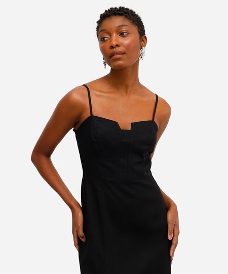 vestido midi feminino com linho e fenda preto P