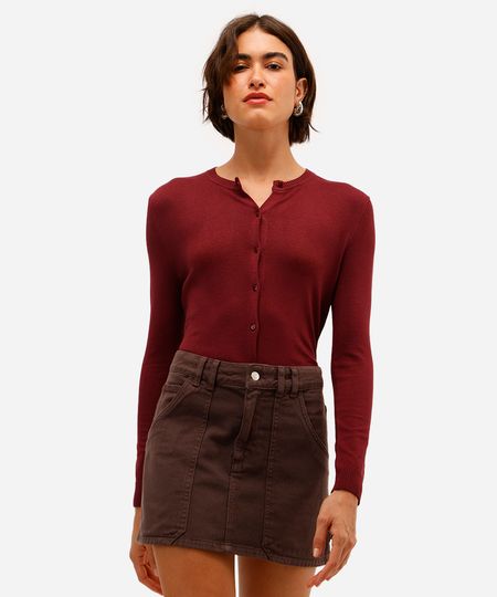 cardigan feminino de tricot decote redondo vinho PP cardigan feminino de tricot decote redondo vinho PP