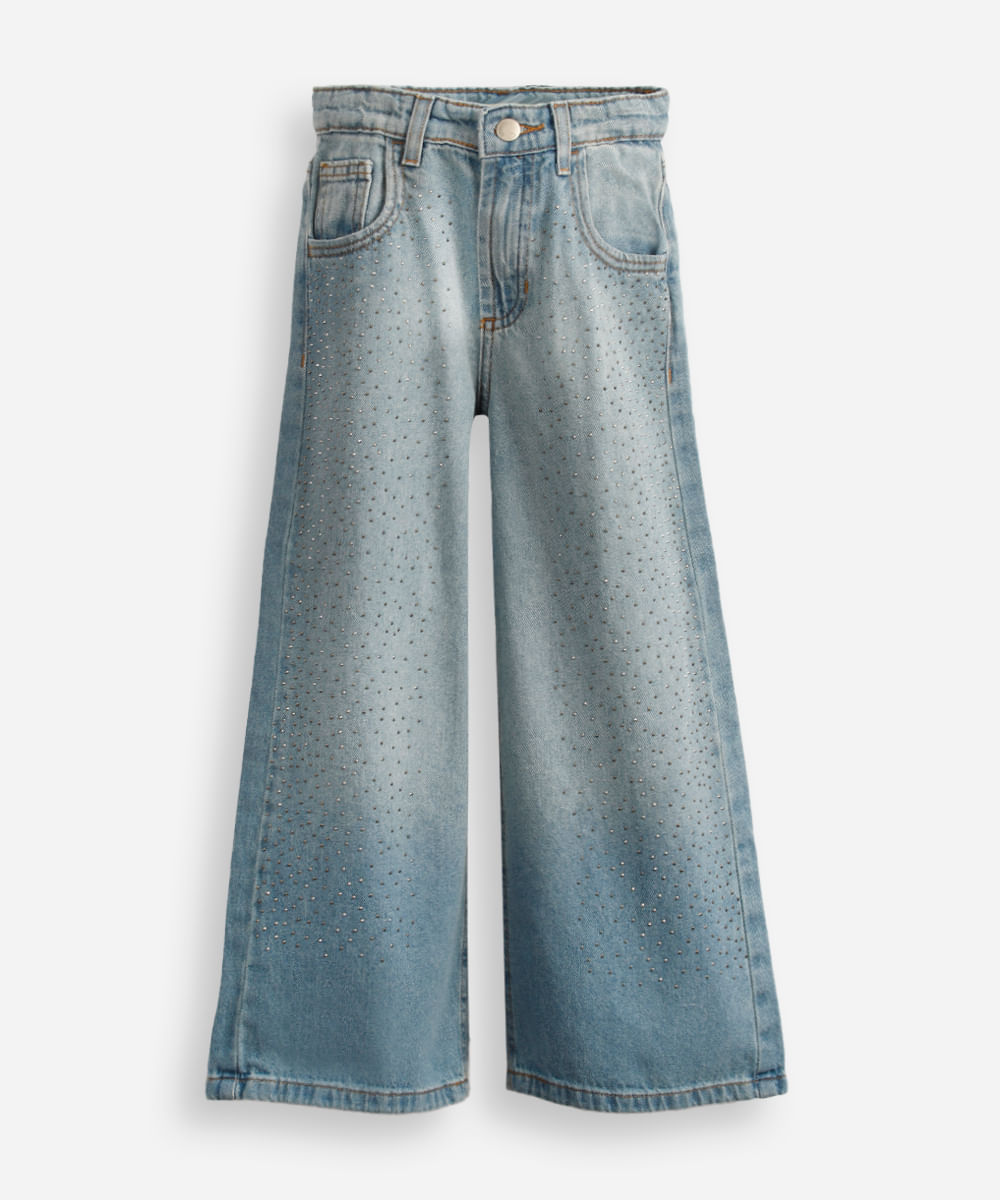 calça wide leg infantil jeans com brilhos azul