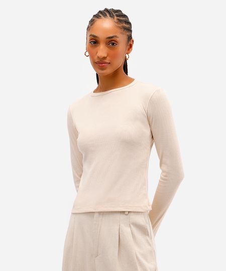 blusa básica feminina decote careca manga longa bege P