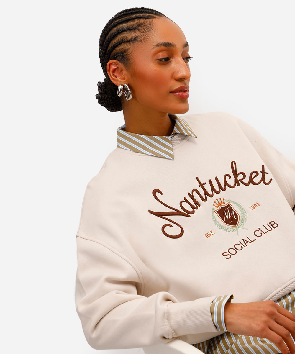 blusão feminino de moletom felpado bordado nantucket bege