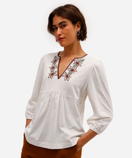 bata feminina de algodão com bordado floral off white PP bata feminina de algodão com bordado floral off white PP