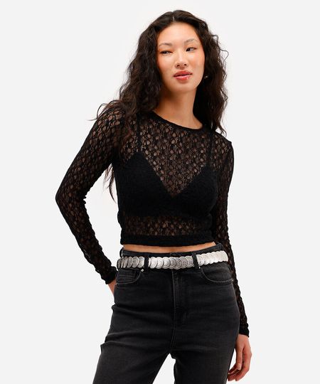 blusa manga longa de renda preta PP