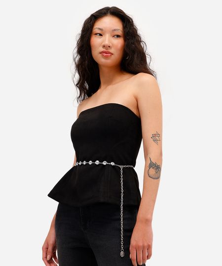 blusa peplum feminina sem alça de suede preta PP blusa peplum feminina sem alça de suede preta PP