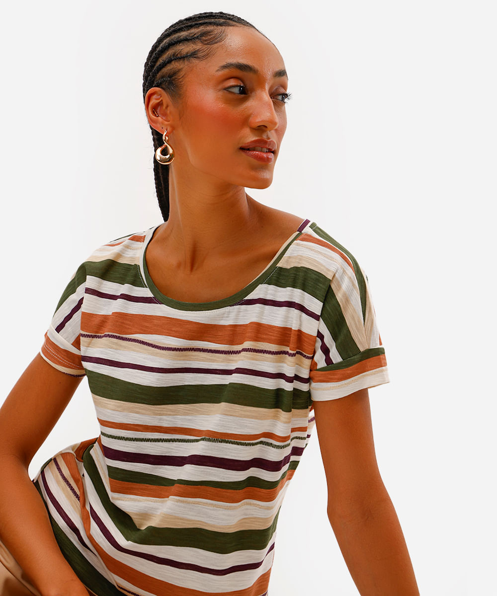 blusa feminina de algodão manga curta listrada verde