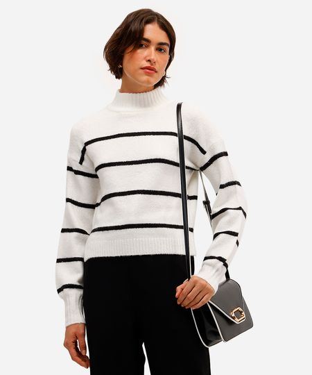 suéter básico feminino de tricot  gola alta listrado off white M