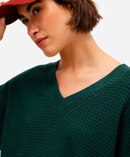 suéter feminino de tricot decote v verde P