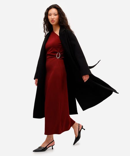 vestido midi ombro único feminino com franzido vinho PP