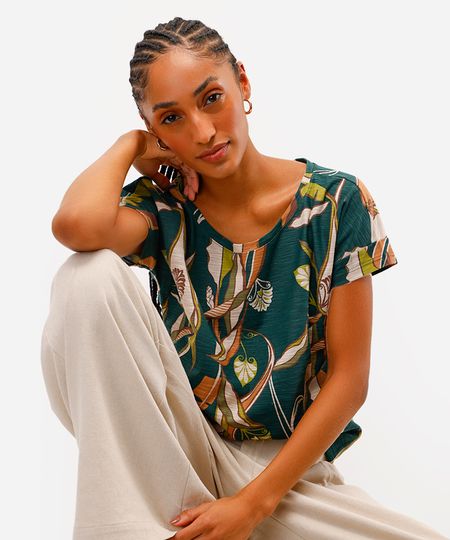 blusa feminina de algodão manga curta folhagem verde PP blusa feminina de algodão manga curta folhagem verde PP
