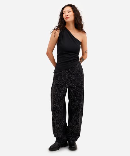 calça baggy feminina jeans com brilhos preta 36