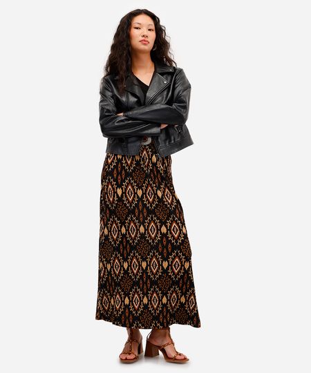 saia midi feminina texturizada arabescos preta PP