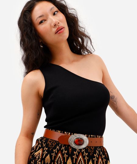 blusa ombro único feminino de tricot preta G
