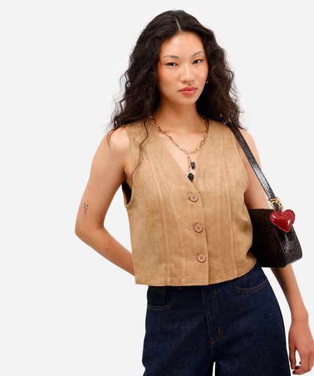 colete feminino de suede decote v - marrom G