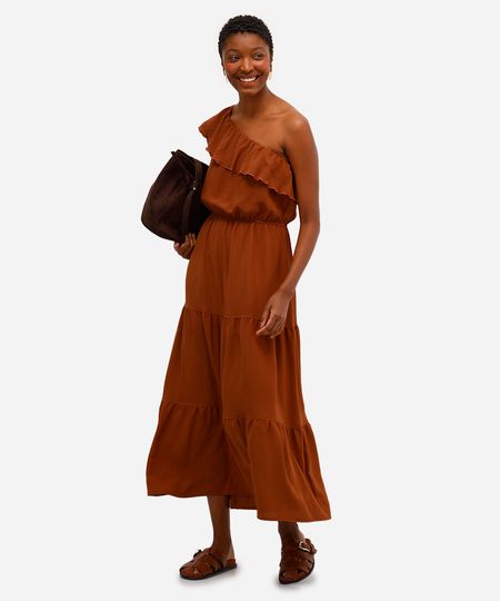 vestido ombro único feminino com babado texturizado marrom PP vestido ombro único feminino com babado texturizado marrom PP