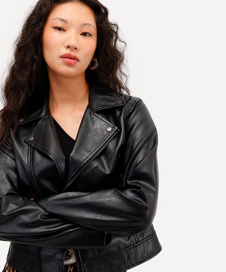 jaqueta biker feminina com bolsos preta GG